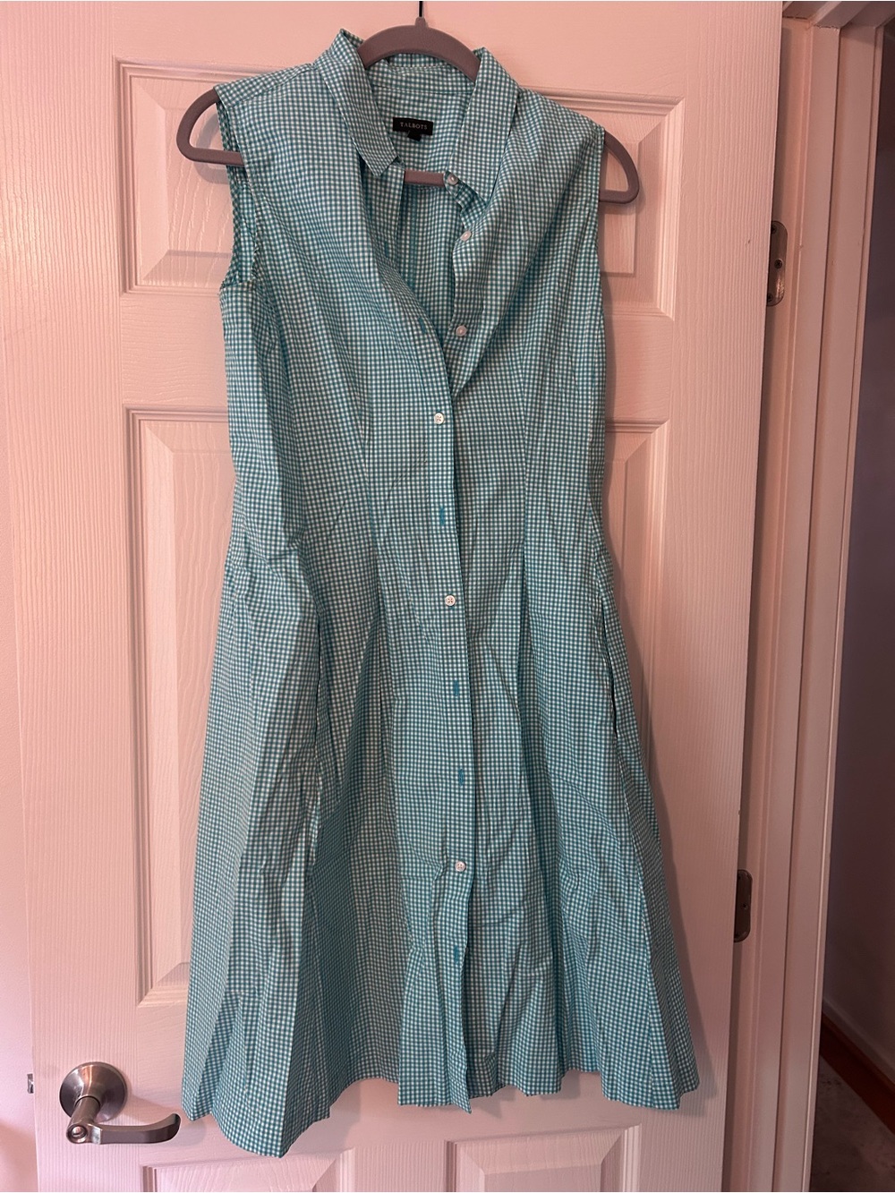Talbots Teal Check Sleeveless Button-Front Midi Dress